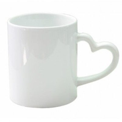 500604- WHITE/WHITE SUBLIMATION BLANK CERAMIC COFFEE MUG WITH HEART HANBNDLE